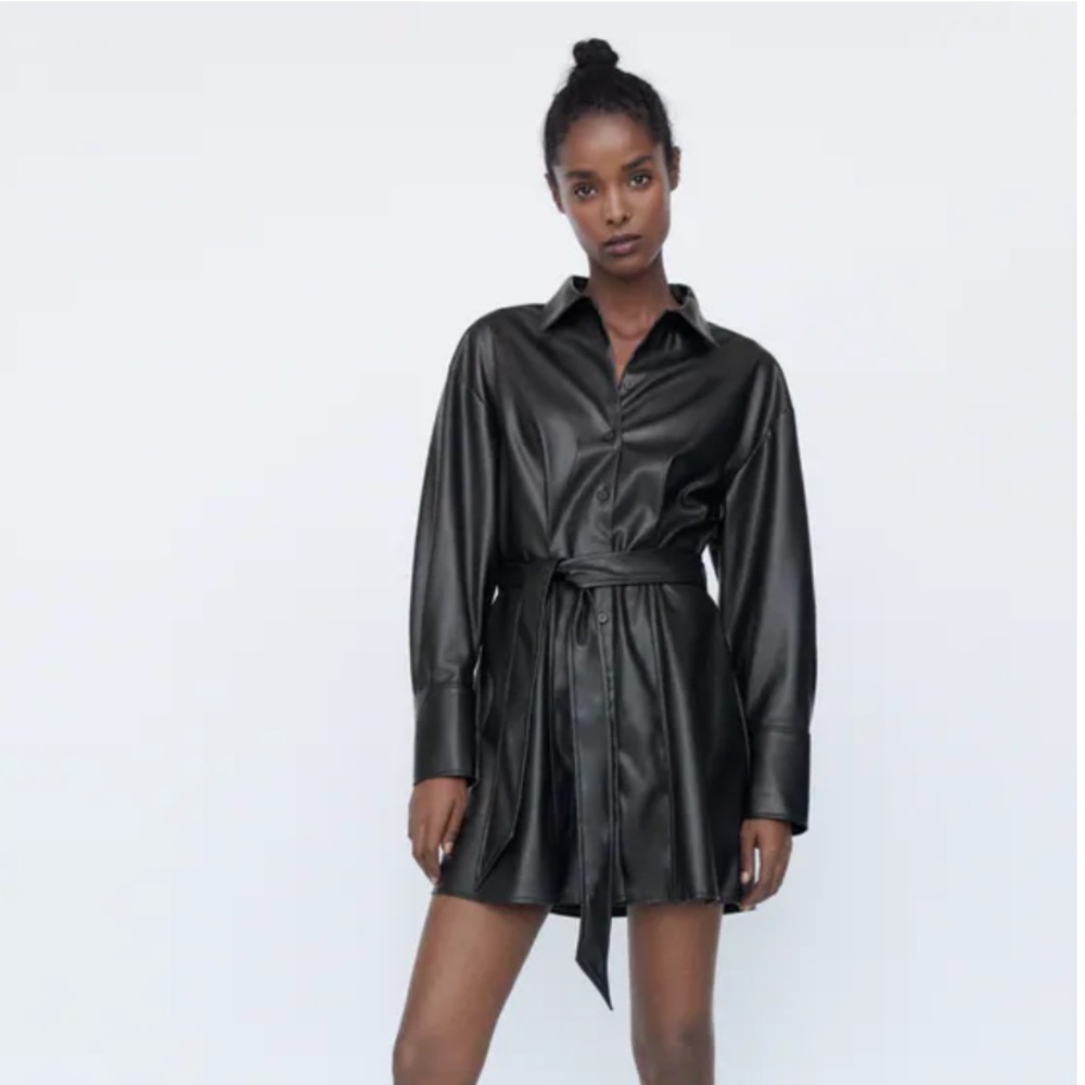 Zara Black Faux Leather Dress NWT